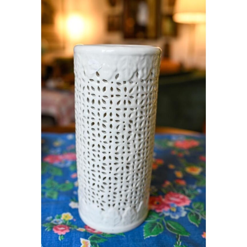 Blanc de Chine Pierced Ceramic White Cylindrical Vase Chinoiserie Gift Present